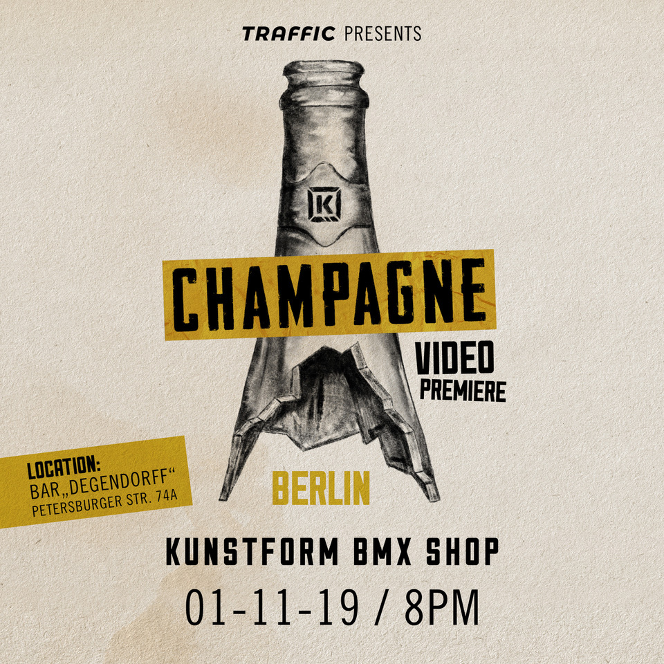 Die kunstform BMX Shops in Berlin und Stuttgart laden Anfang November zu den offiziellen Videopremieren von Champagne, dem neuen Video von Kink BMX, ein.