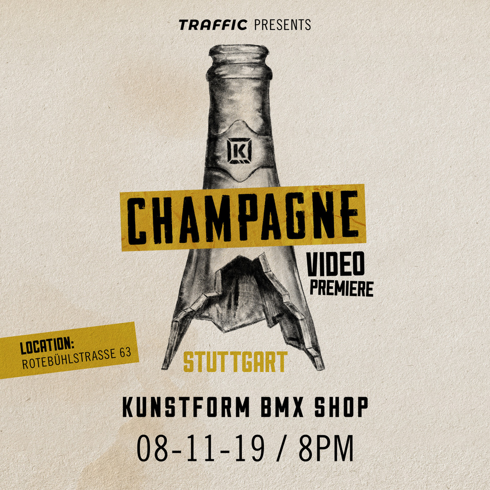 Die kunstform BMX Shops in Berlin und Stuttgart laden Anfang November zu den offiziellen Videopremieren von Champagne, dem neuen Video von Kink BMX, ein.