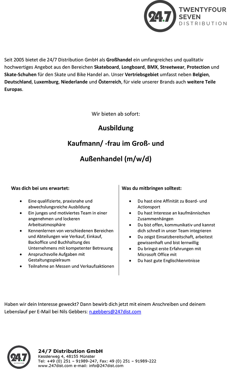 24/7 Distribution aus Münster bietet eine Ausbildung zum/zur Kaufmann/-frau im Groß- und Außenhandel an