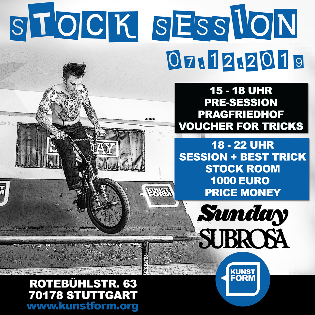 Am 7.12.2019 geht die inoffizielle Weihnachtsfeier der baden-württembergischen BMX-Szene aka die legendäre kunstform Stock Session in die nächste Runde.