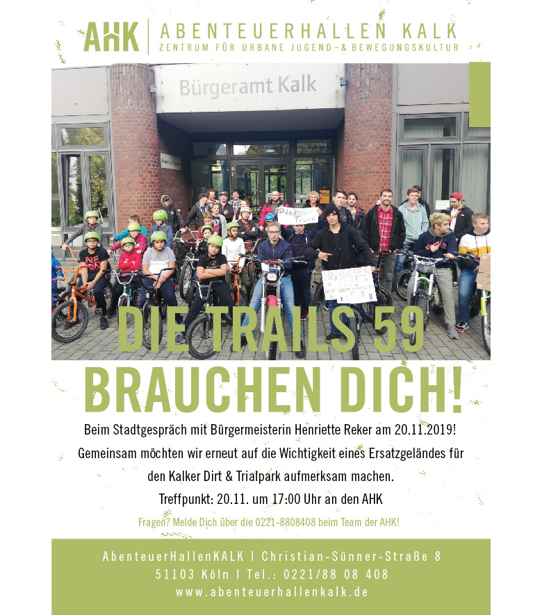 Die Zukunft der Trails59 in Köln ist ungewiss. Beim Stadtgespräch mit Bürgermeisterin Reker wollen die Betroffenen auf die Thematik aufmerksam machen.