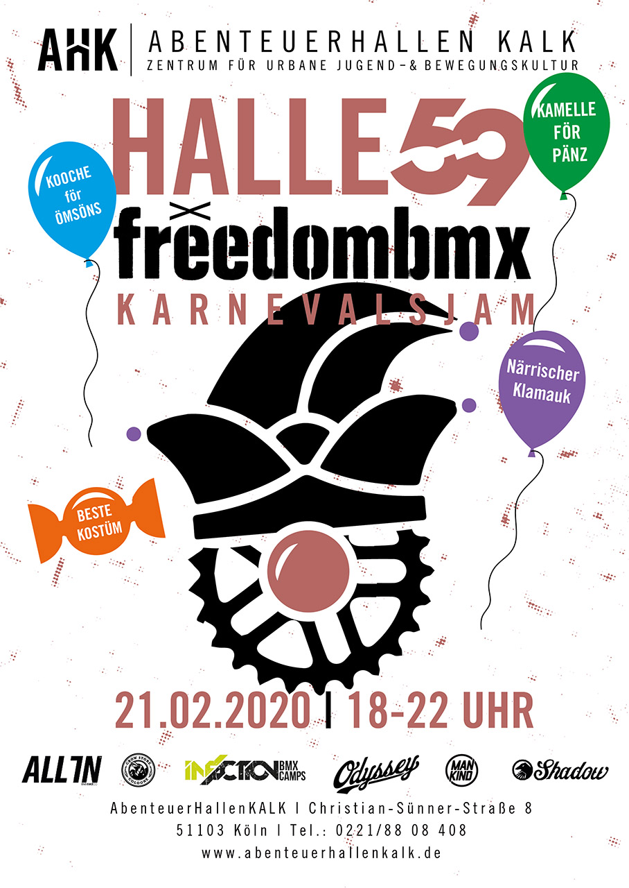 Kölle Alaaf! Der alljährliche freedombmx X Halle 59 Karnevalsjam steigt in diesem Jahr am 21. Februar von 18-22 Uhr in den AbenteuerHallenKALK