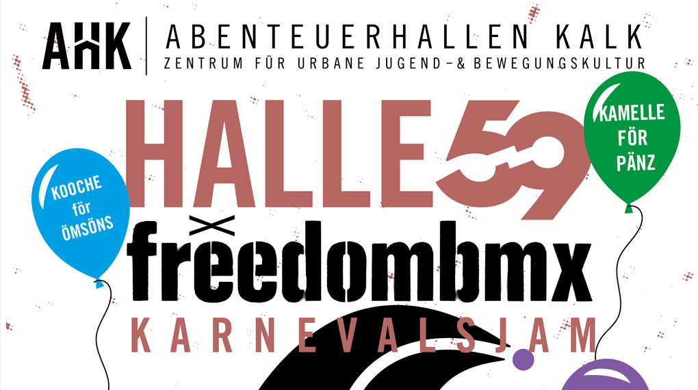Kölle Alaaf! Der alljährliche freedombmx X Halle 59 Karnevalsjam steigt in diesem Jahr am 21. Februar von 18-22 Uhr in den AbenteuerHallenKALK.