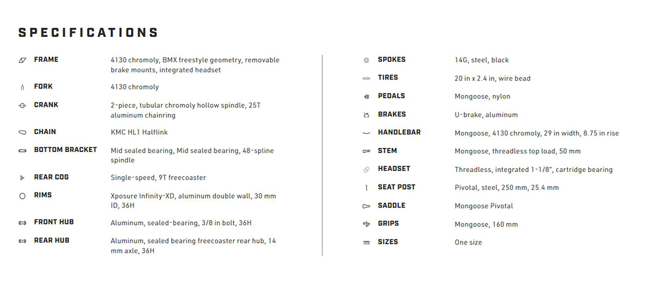 Mongoose BMX Legion 500 Specs
