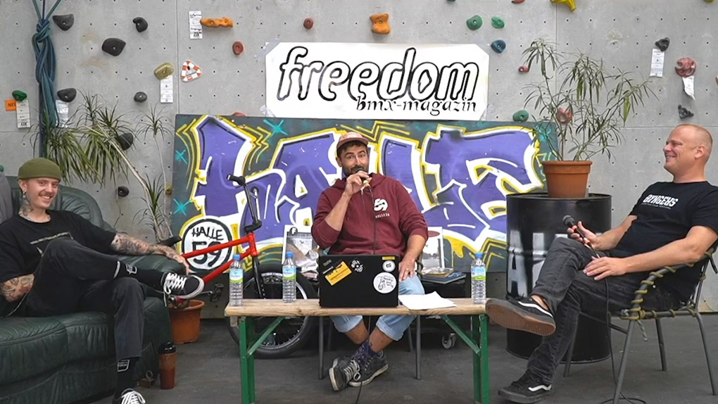 Beim ersten Halle59 X freedombmx Stammtisch plaudern Felix Prangenberg, Marcel "Makl" Heinrich und Markus Wilke über BMX in Deutschland und das Profidasein.