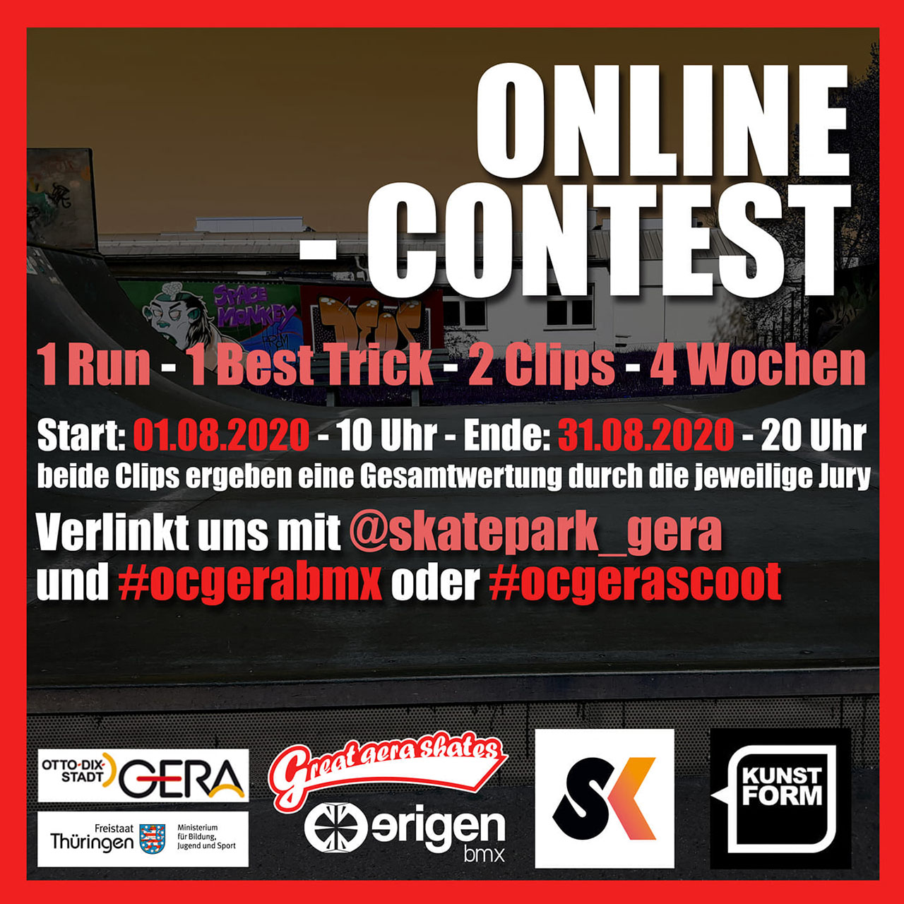 Vom 1. bis 31. August 2020 habt ihr die Möglichkeit am BMX- und Scooter-Onlinecontest des Skatepark Gera teilzunehmen. Hier erfahrt ihr mehr.