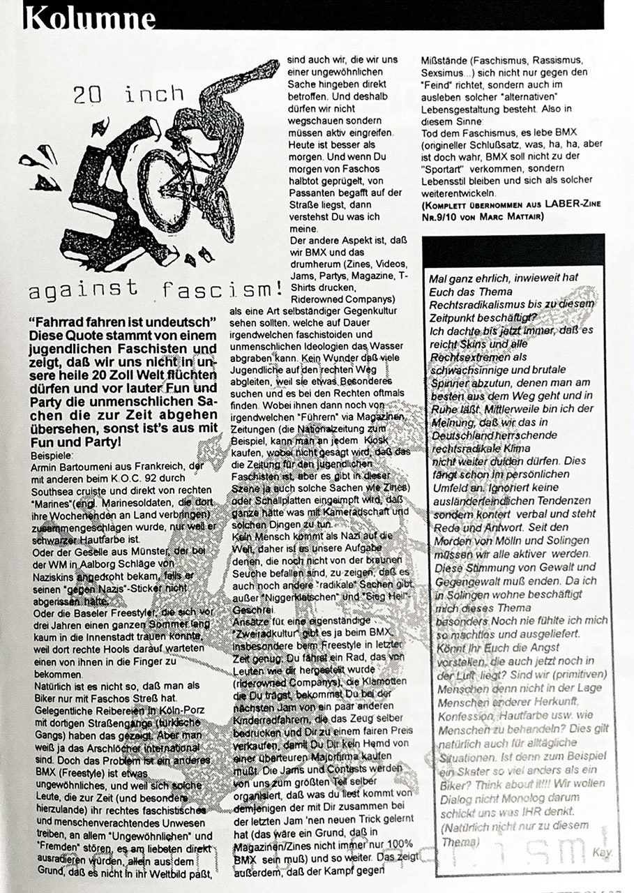 20 inch against fascism Kolumne von Marc Matt-Air Matter aus freedombmx Ausgabe 1