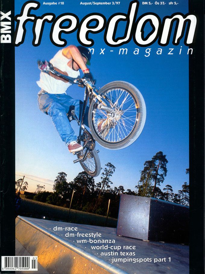 Ausnahmsweise mal kein Barspin: Jürgen Funk zierte im zarten Alter von 22 Jahren mit diesem X-Up to Tailtap im Skatepark Lohhof das Cover von freedombmx Ausgabe 18 (August/September 1997)