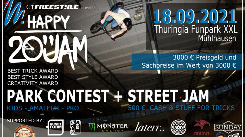 Am 18. September 2021 gibt es beim Happy 20" Jam im Thuringia Funpark Stuff & Cash for Tricks sowie ein stattliches Preisgeld in Pro Park.