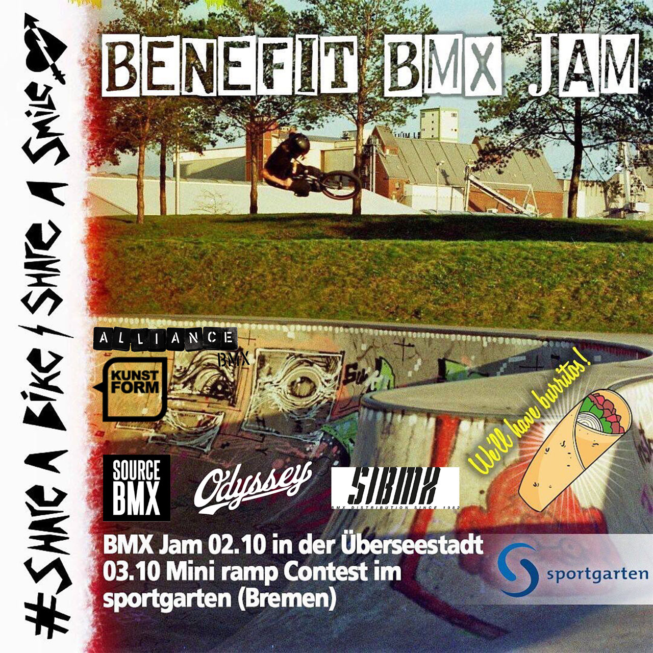 Save the Date! Am 2. Oktober 2021 schmeißt die Share A Bike/Share A Smile einen Benefizjam im Bowl des Überseestadt-Skateparks in Bremen.