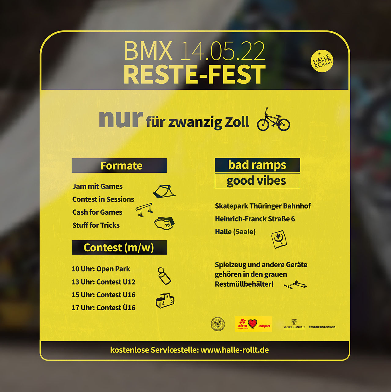 Halle rollt! Am 14.5.2022 geht es am Skatepark Thüringer Bahnhof bei einem streetigen BMX Contest rund. Hier erfährst du mehr.