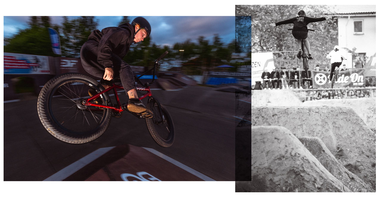 Die frisch gebackene SIBMX-Teamfahrerin Teresa Grauten mit einem Seatgrab im Park und einem Nohander während des Dirtcontests