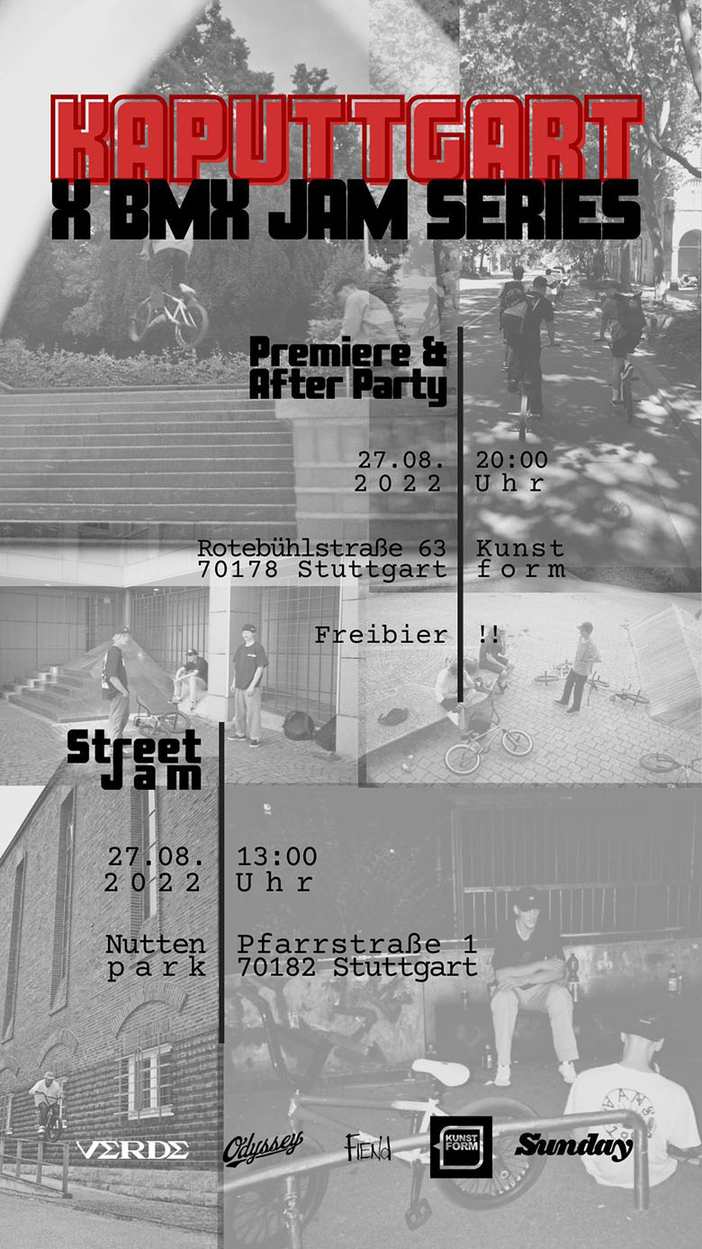 Das erste Video der Kaputtgart-Crew feiert am 27.08.2022 im kunstform BMX Shop Stuttgart seine Premiere, Streetjam tagsüber inklusive.