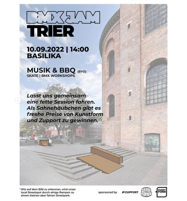 Im Rahmen von Trier Spielt findet am 10.09.2022 ein BMX-Streetjam an dem berühmtesten Streetspot der Stadt aka der Basilika statt.