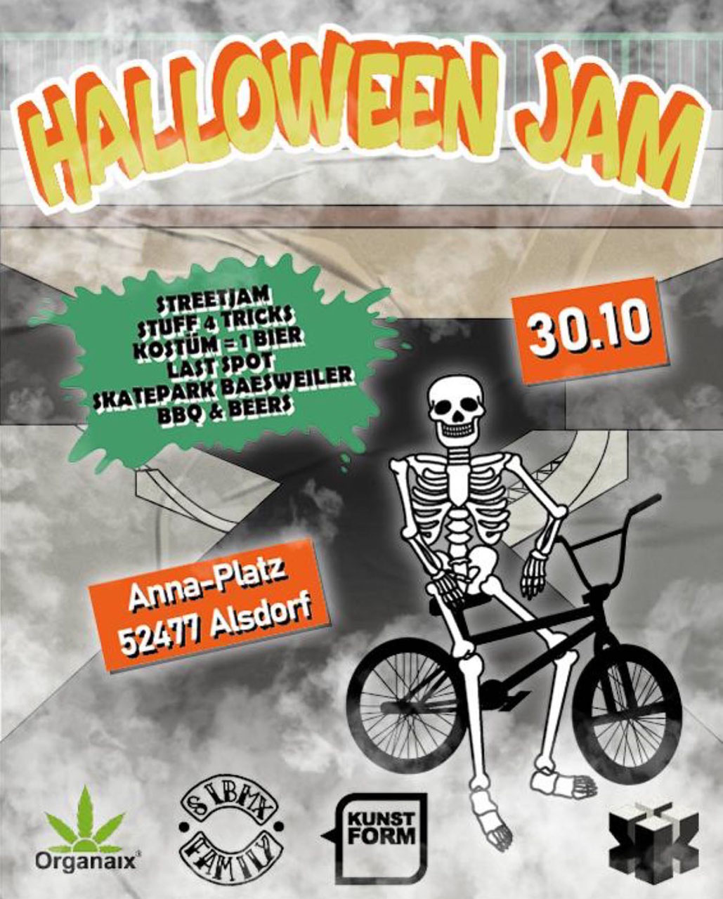 Beim Halloween Jam in Alsdorf werden erst einige Streetspots durchmassiert und dann geht es noch in den neuen Betonpark in Baesweiler. Mehr dazu hier.