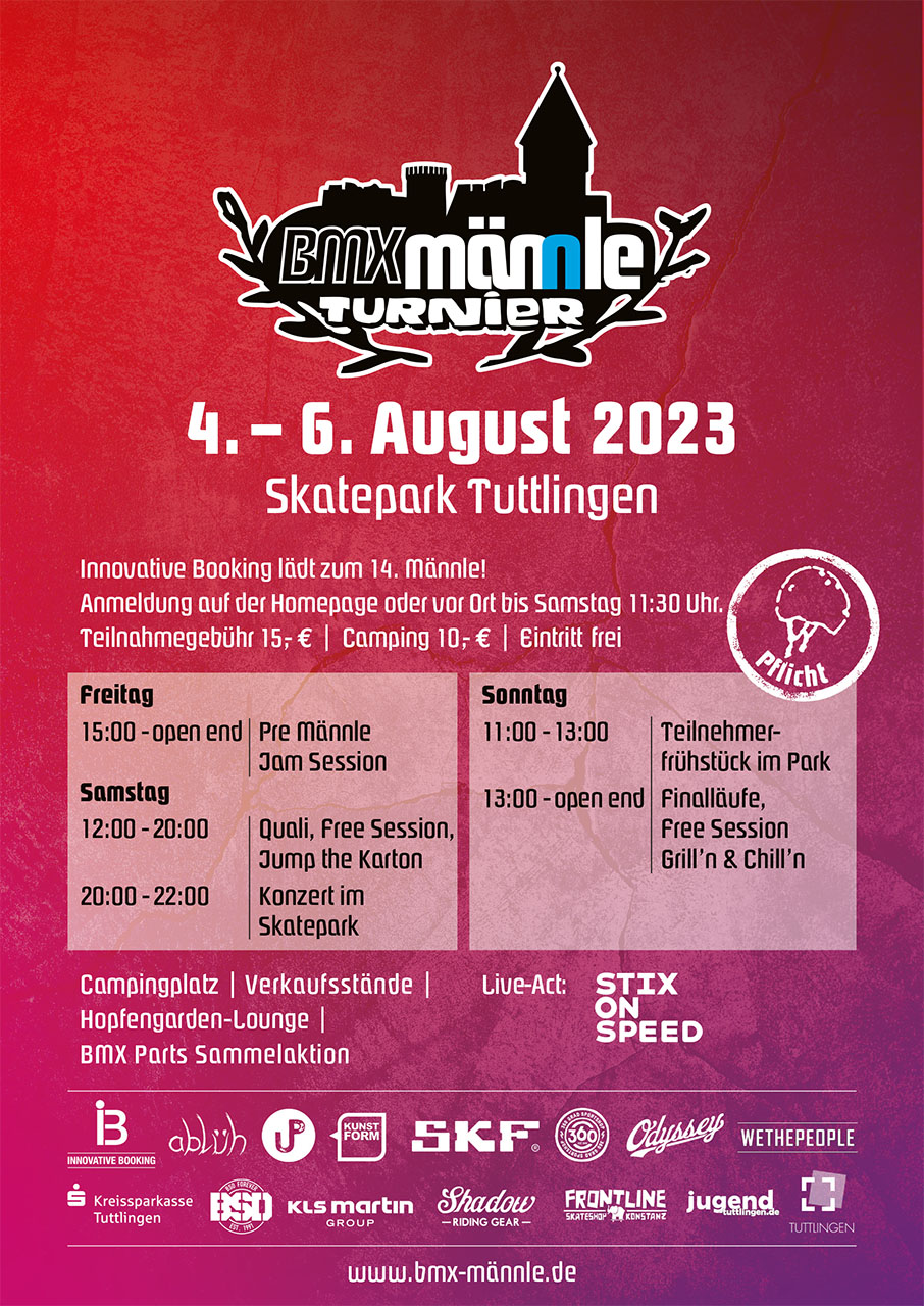 Die Vorbereitungen für die 14. Auflage des BMX Männle Turniers vom 4.–6. August 2023 im Skatepark Tuttlingen laufen auf Hochtouren. Mehr dazu hier.
