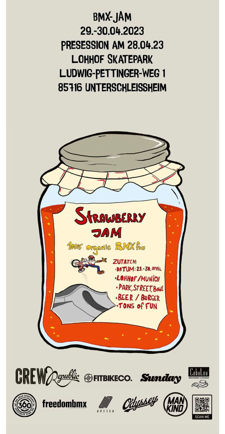 Auf dem Strawberry Jam vom 29.–30. April 2023 erwarten dich iM Skatepark Lohhof zwei Tag randvoll mit purem BMX-Spaß. Hier erfährst du mehr.