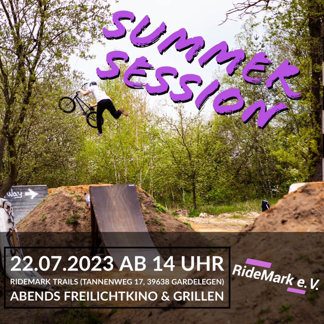 Am 22. Juli 2023 findet an den Ridemark Trails in Gardelegen (Sachsen-Anhalt) eine Summer Session mit abendlicher Grillung und Freilichtkino statt.