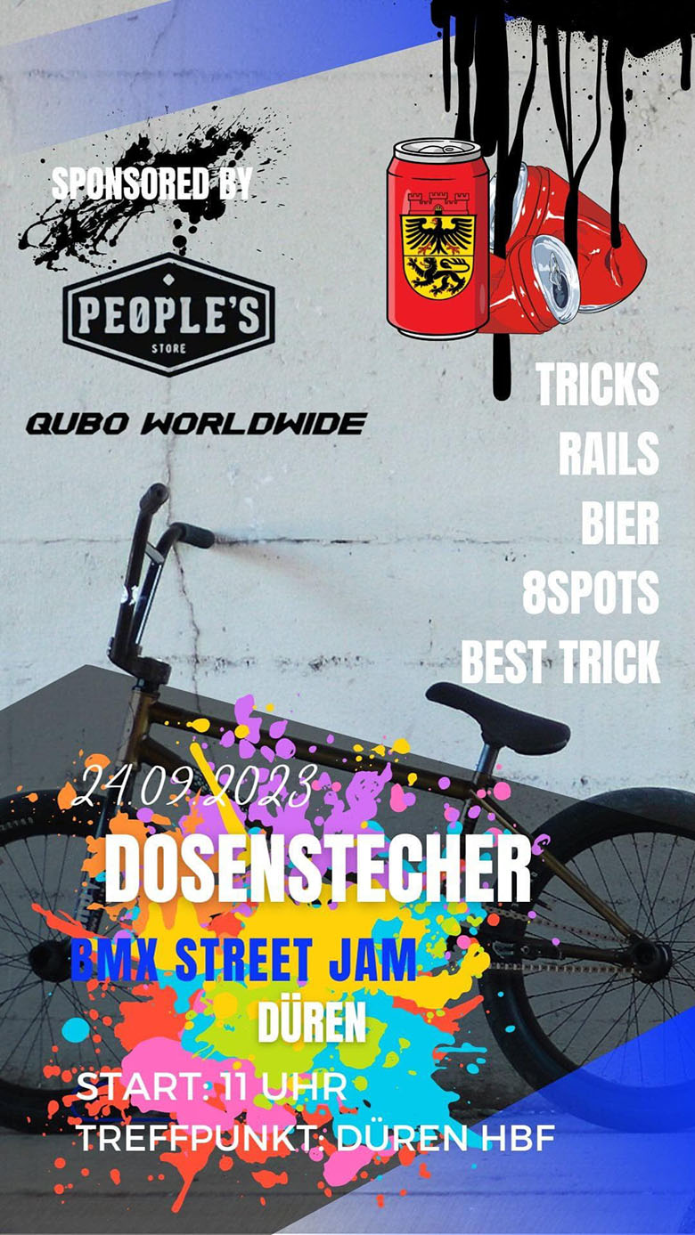 Nicht weniger als 8 Spots sollen am 24. September 2023 auf dem Dosenstecher BMX Street Jam in Düren angesteuert werden. Mehr dazu hier.