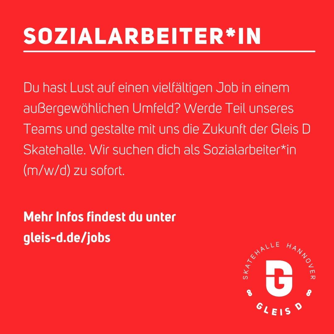 Die Gleis D Skatehalle in Hannover sucht ab sofort ein:e Sozialarbeiter:in (oder verwandte Berufsgruppe) in Vollzeit. Hier erfährst du mehr.