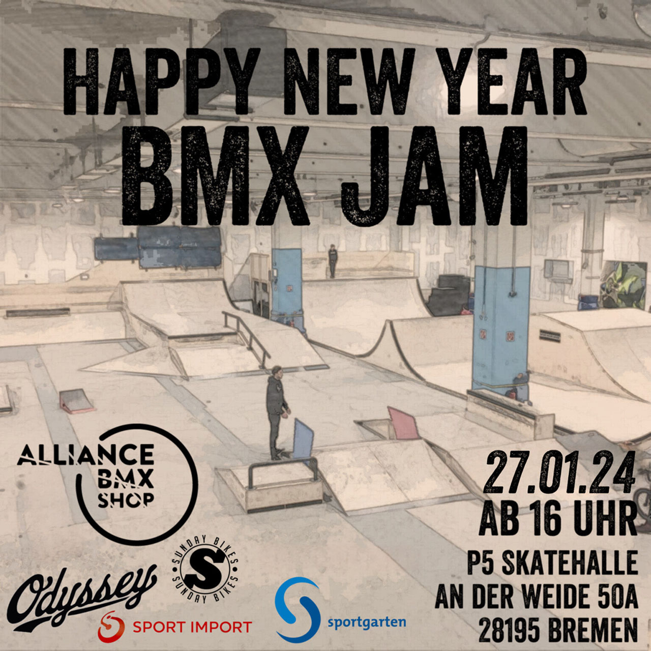 Starte mit einer ordentlichen Dröhnung BMX ins neue Jahr, die du dir am 27.01.2024 beim Happy New Year BMX Jam in der P5 Skatehalle Bremen abholen kannst.