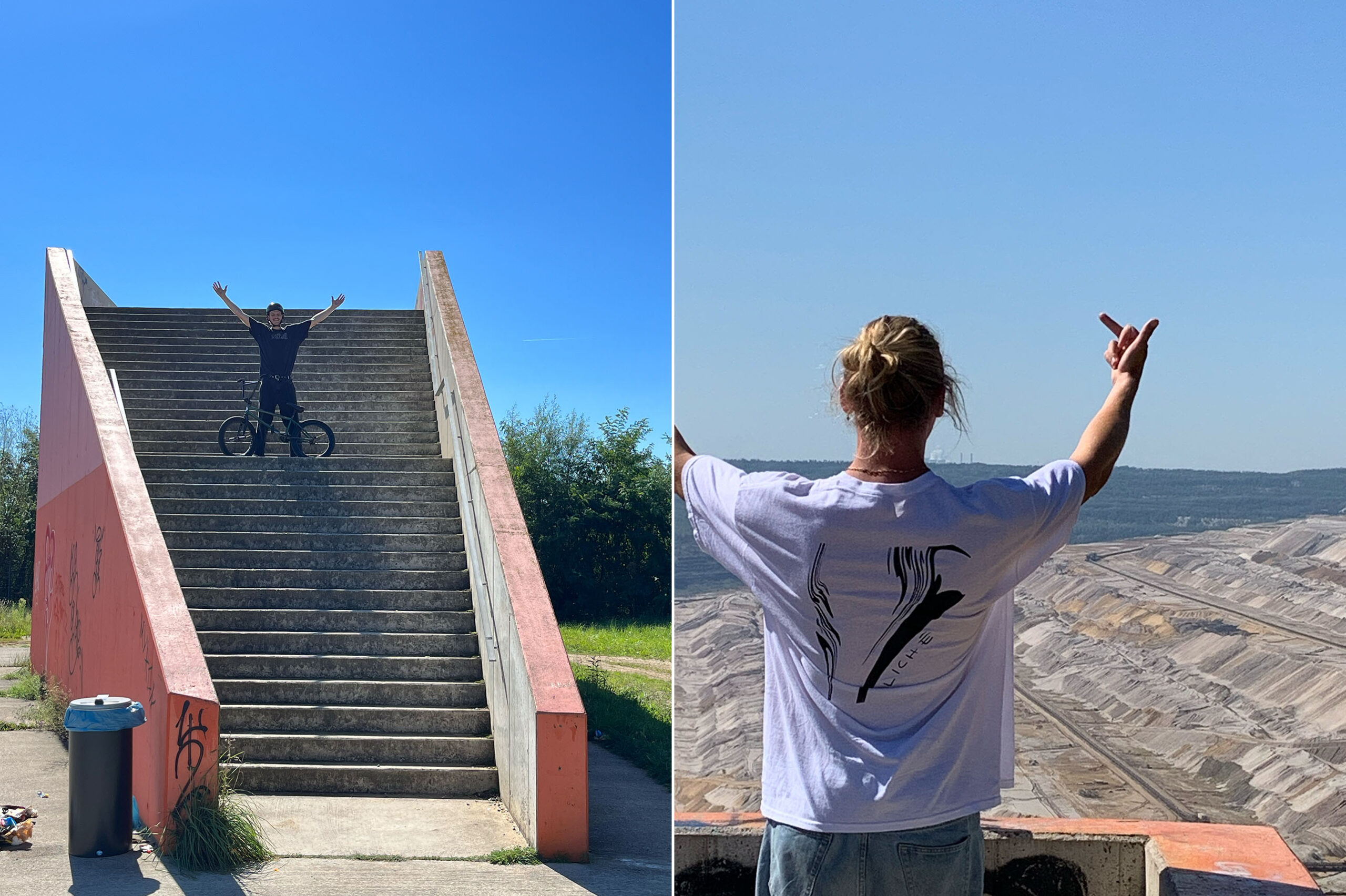 Wer baut so etwas? Das habe ich mich beim ersten Mail gefragt, als ich an dieser Aussichtsplattform vorbei gefahren bin. Leider bauen so etwas Großkonzerne, die die Natur ausbeuten und die Umwelt zerstören – Konzerne mit Richtig Wenig Ehre. Zum Ende des Projektes hin ging mir dieser Spot nicht aus dem Kopf. Als ich dann aus dem Frankreich- und Spanienurlaub wieder kam und noch halb in der Lebensmittelvergiftung hing, wurde es mir klar: Ich will mir das Ding nochmal anschauen! Mit dem Support von Seby und Nick sowie einer Warm-up-Session an der Schüssel sind wir dann losgefahren. Beide haben mich sehr supported und Mut gemacht. Das war auch nötig! Wir zählten 33 Stufen plus eine hüfthohe Ledge zur Anfahrt oben drauf. Die Ledge kippt außerdem unten leicht nach links weg. Lange habe ich dann auch nicht rumgefackelt. Einmal hoch, dann drauf gestellt, Kurbeln korrigiert und runter – danach eine Woche heiser. Danke für’s Mut machen. Seby und Nick!