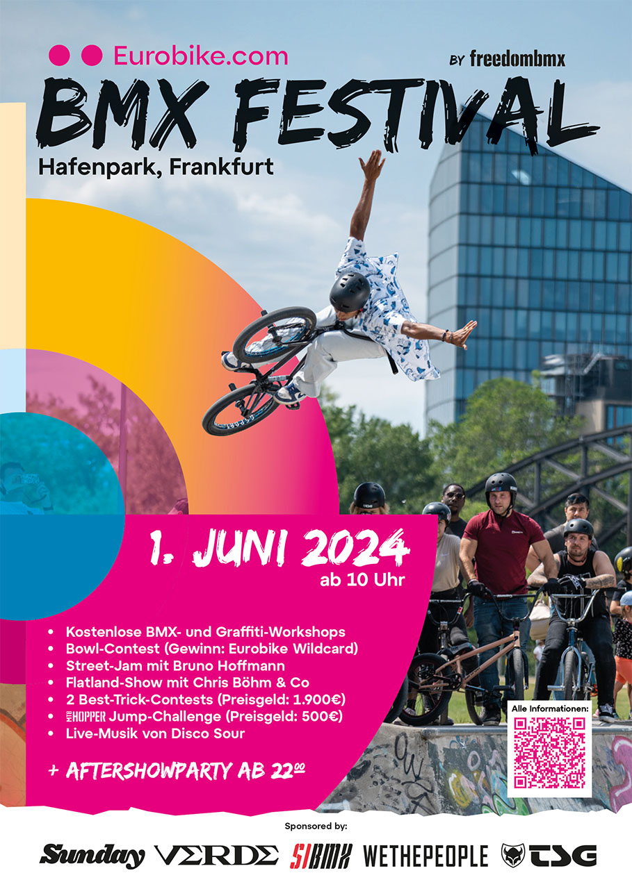 SAVE THE DATE! Als Warm-up für die EUROBIKE 2024 schmeißen wir am 01. Juni eine dicke BMX-Party im Frankfurter Hafenpark. Hier erfährst du mehr.