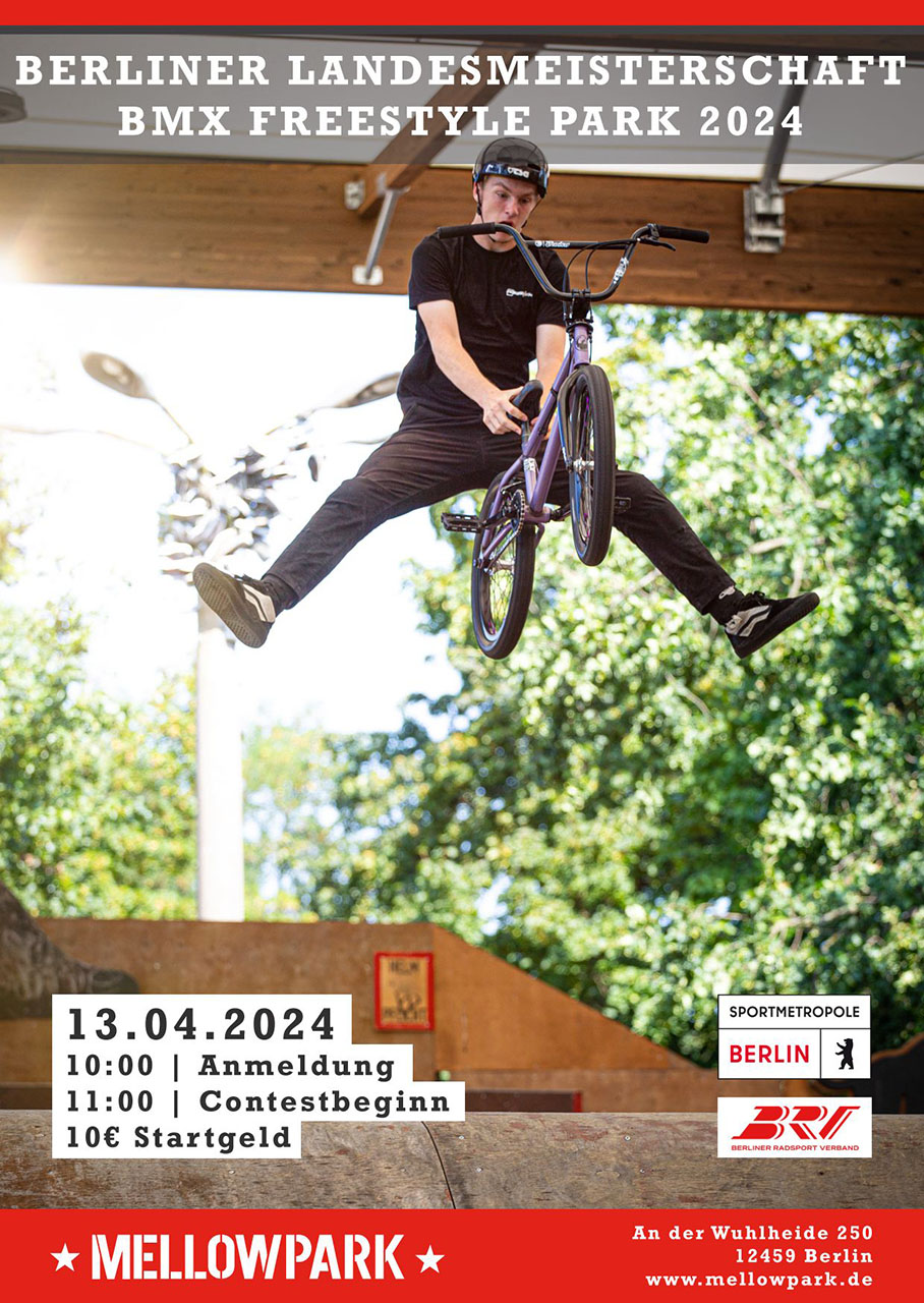 Als Warm-up für den Highway to Hill 2024 findet am 13. April die Berliner Landesmeisterschaft BMX Park im Mellowpark statt. Hier erfährst du mehr.