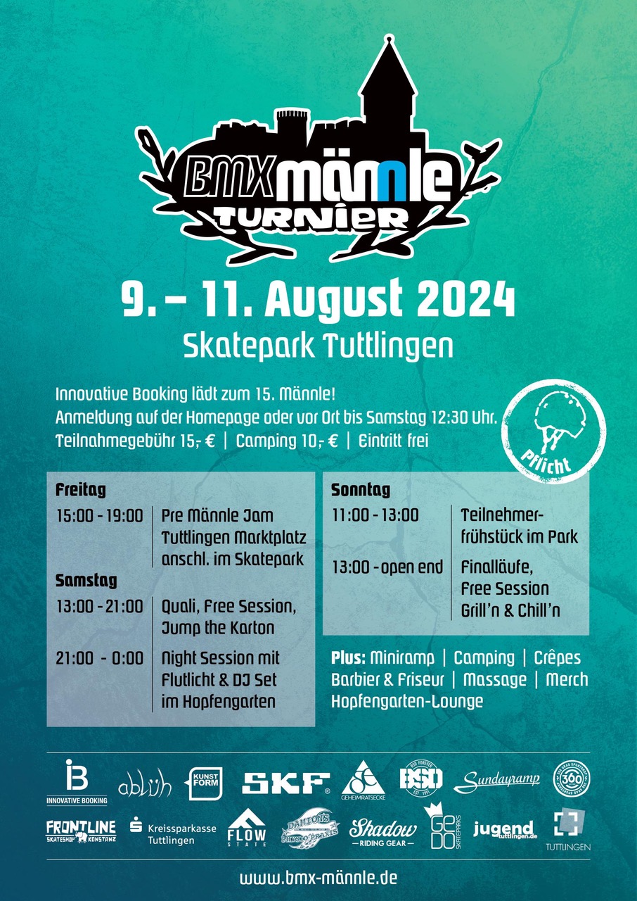 SAVE THE DATE! Das BMX Männle kehrt vom 09. bis 11. August 2024 in den Skatepark Tuttlingen zurück. Das wird wieder ein Fest, versprochen!