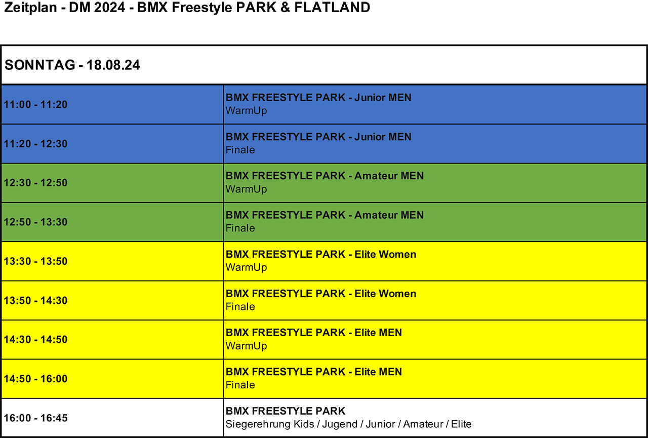 Zeitplan für die Deutsche Meisterschaft 2024 in BMX Freestyle Park und Flatland