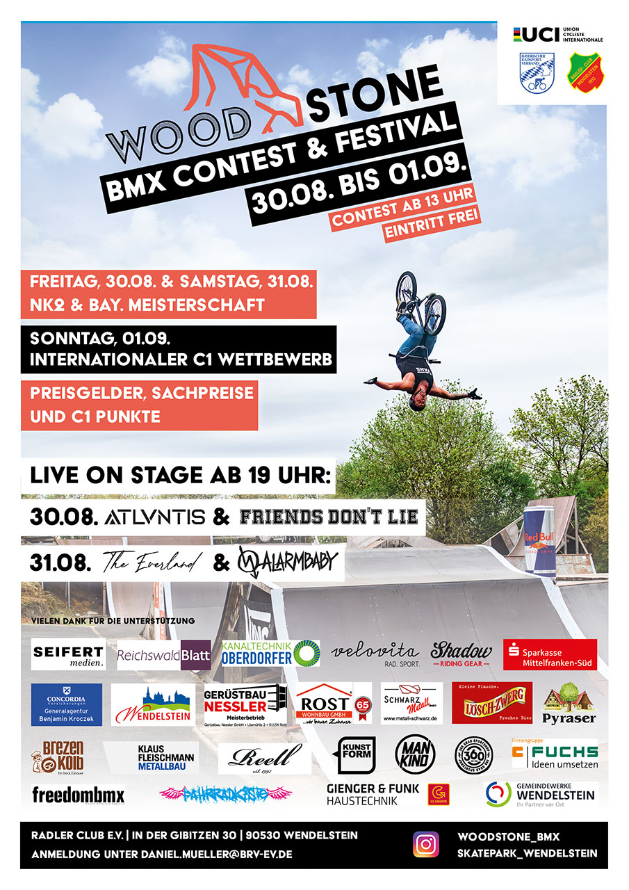 Nach 5 Jahren Pause ist es soweit: Im Skatepark Wendelstein findet vom 30.08-–01.09. 2024 die nächste Runde des WOODSTONE BMX Contests und Festivals statt.