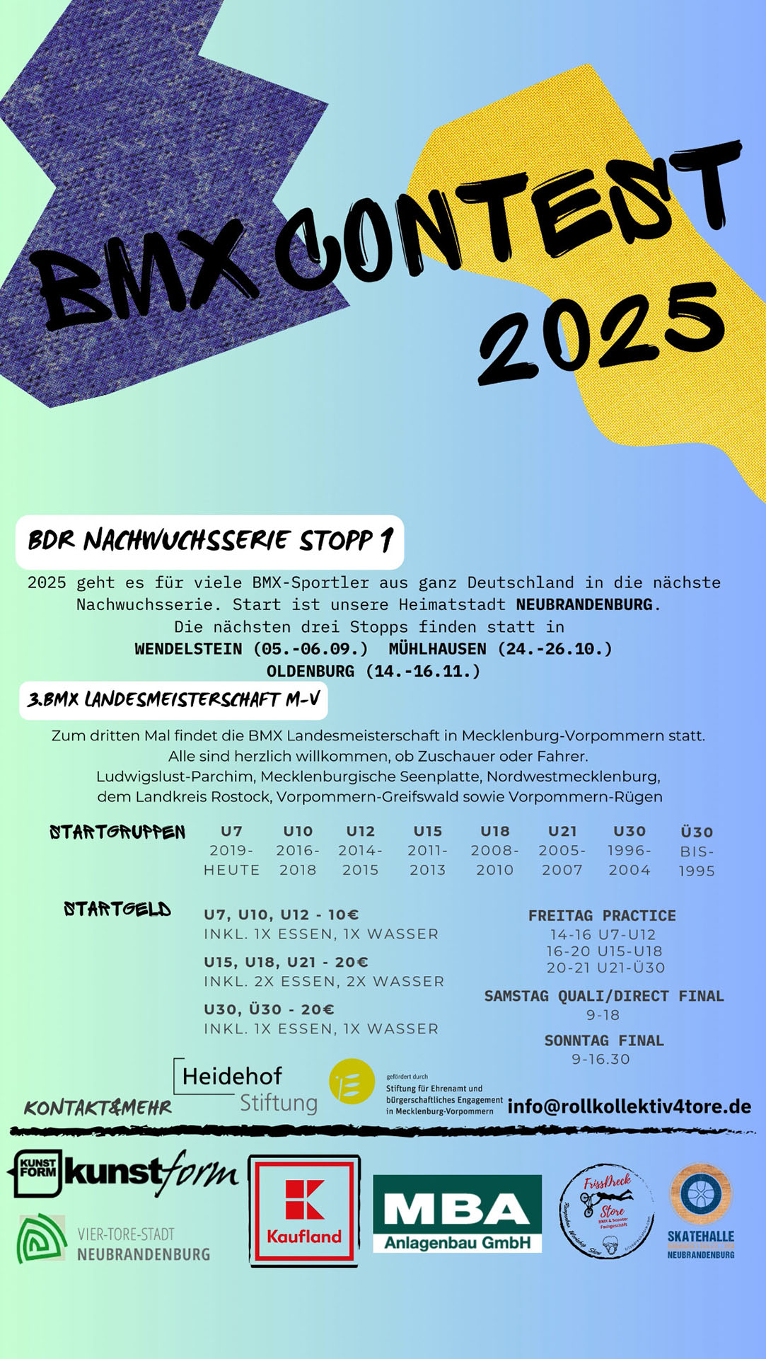 Vom 28.–30.03.2025 findet in der Skatehalle Neubrandenburg ein BMX-Nachwuchscontest und die Landesmeisterschaft Mecklenburg-Vorpommern statt.
