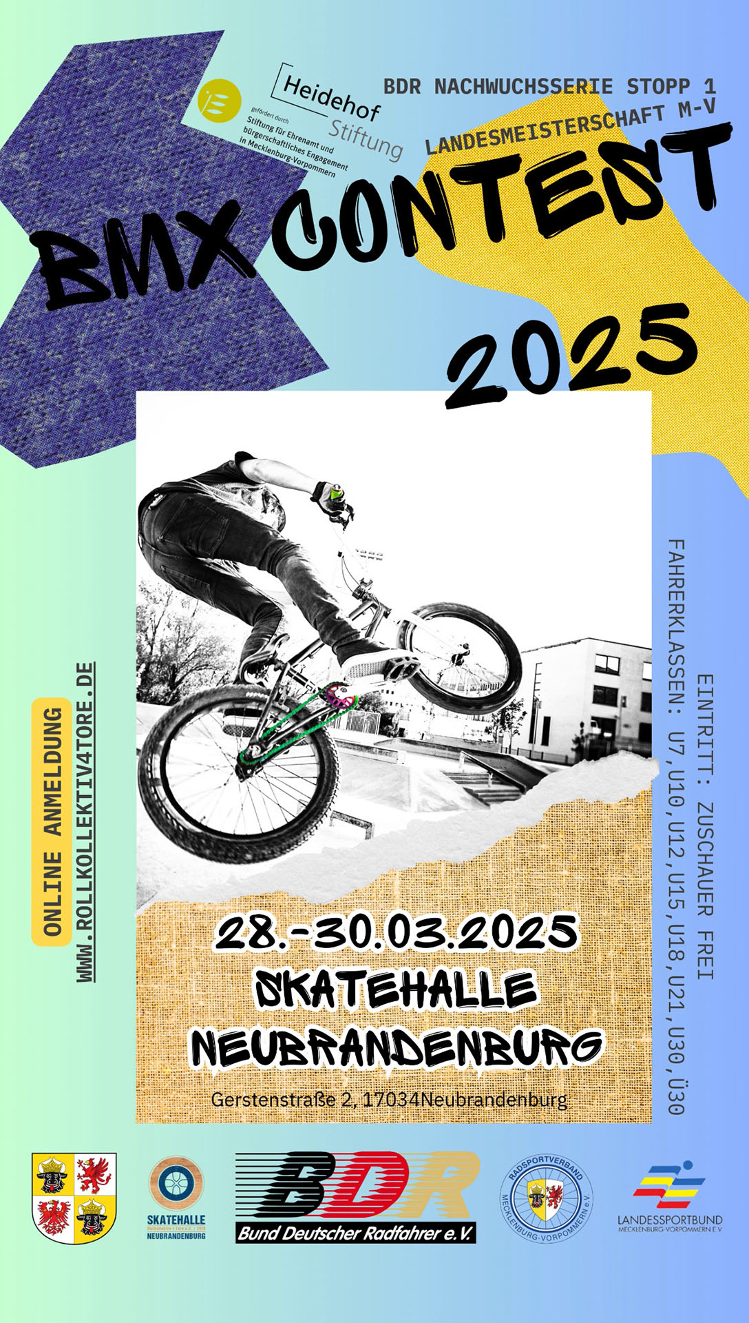 Vom 28.–30.03.2025 findet in der Skatehalle Neubrandenburg ein BMX-Nachwuchscontest und die Landesmeisterschaft Mecklenburg-Vorpommern statt.