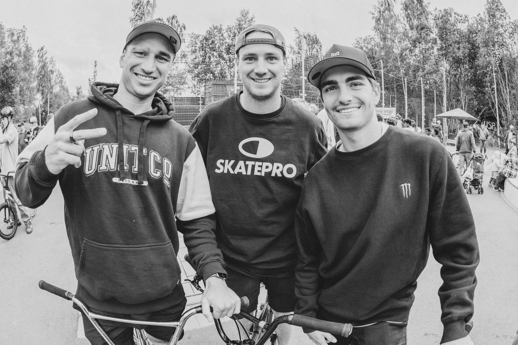 Der Butcher Jam lockt in jede Jahr Fahrerinnen und Fahrer aus aller welt an. In diesem Jahr waren das unter anderem (v. .l.) Alec Danelutti aus Australien, Levi Weidmann aus den Niederlanden und Bryce Tryon aus den USA