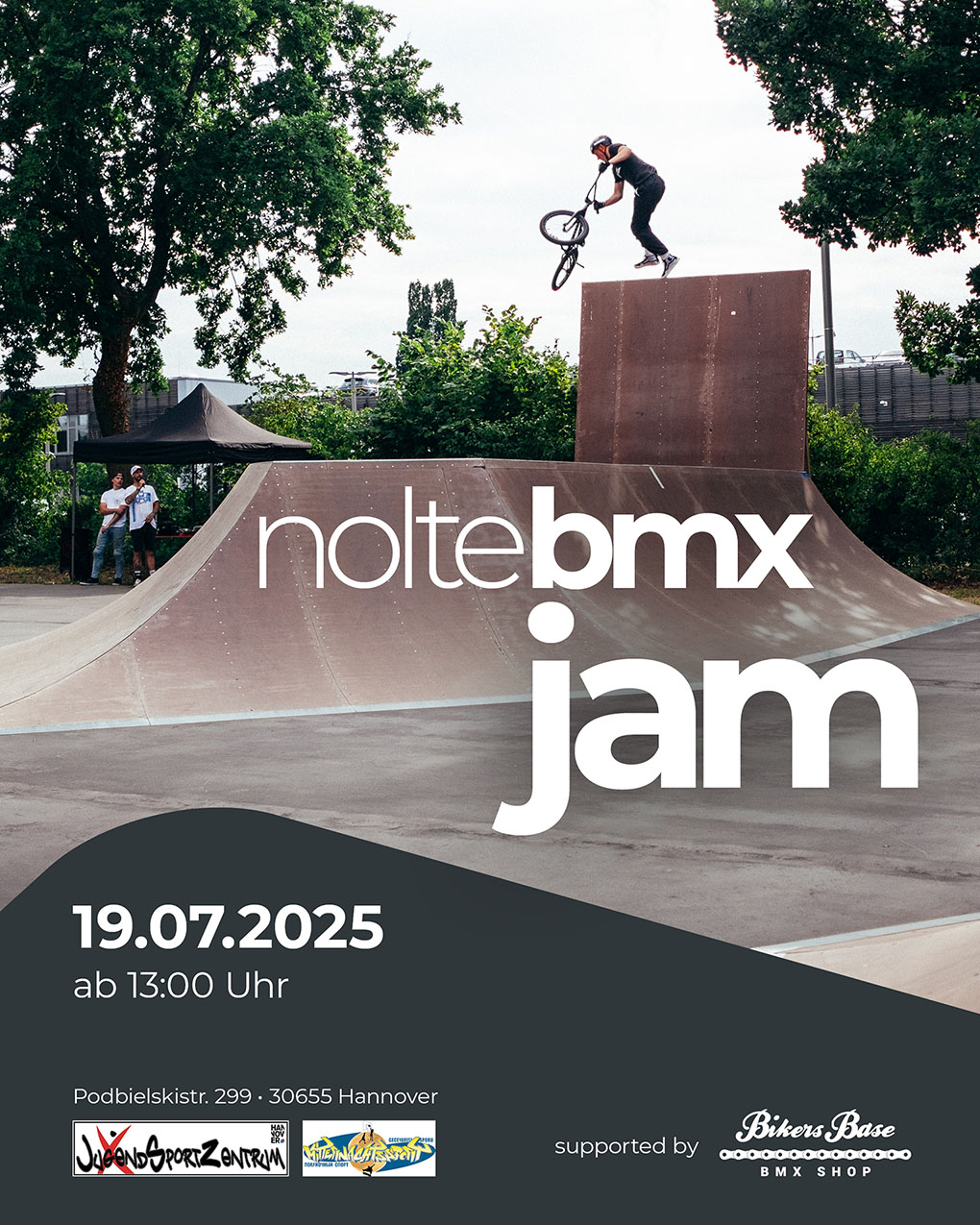 Dufter Rampenparcours, nette Locals: Am 19. Juli 2025 ab 13:00 Uhr findet im Nolte BMX Park in Hannover ein gediegener Jam statt.