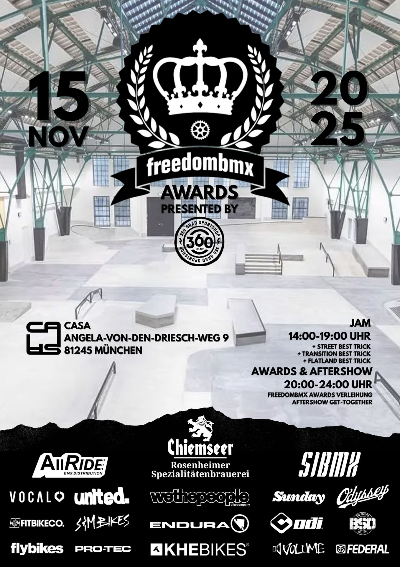 SAVE THE DATE! Die freedombmx Awards 2025 presented by 360 Grad Sportshop finden am 15.11. im brandneuen Casa-Indoorpark in München statt.