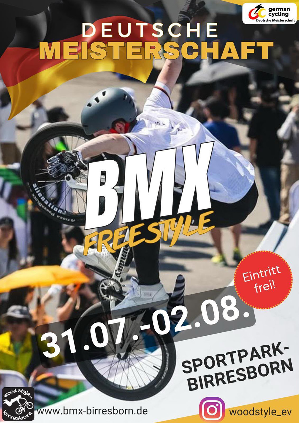 Die Deutsche Meisterschaft in BMX-Park steigt vom 31. Juli bis 02. August beim Woodstyle e. V. in Birresborn (Rheinland-Pfalz).