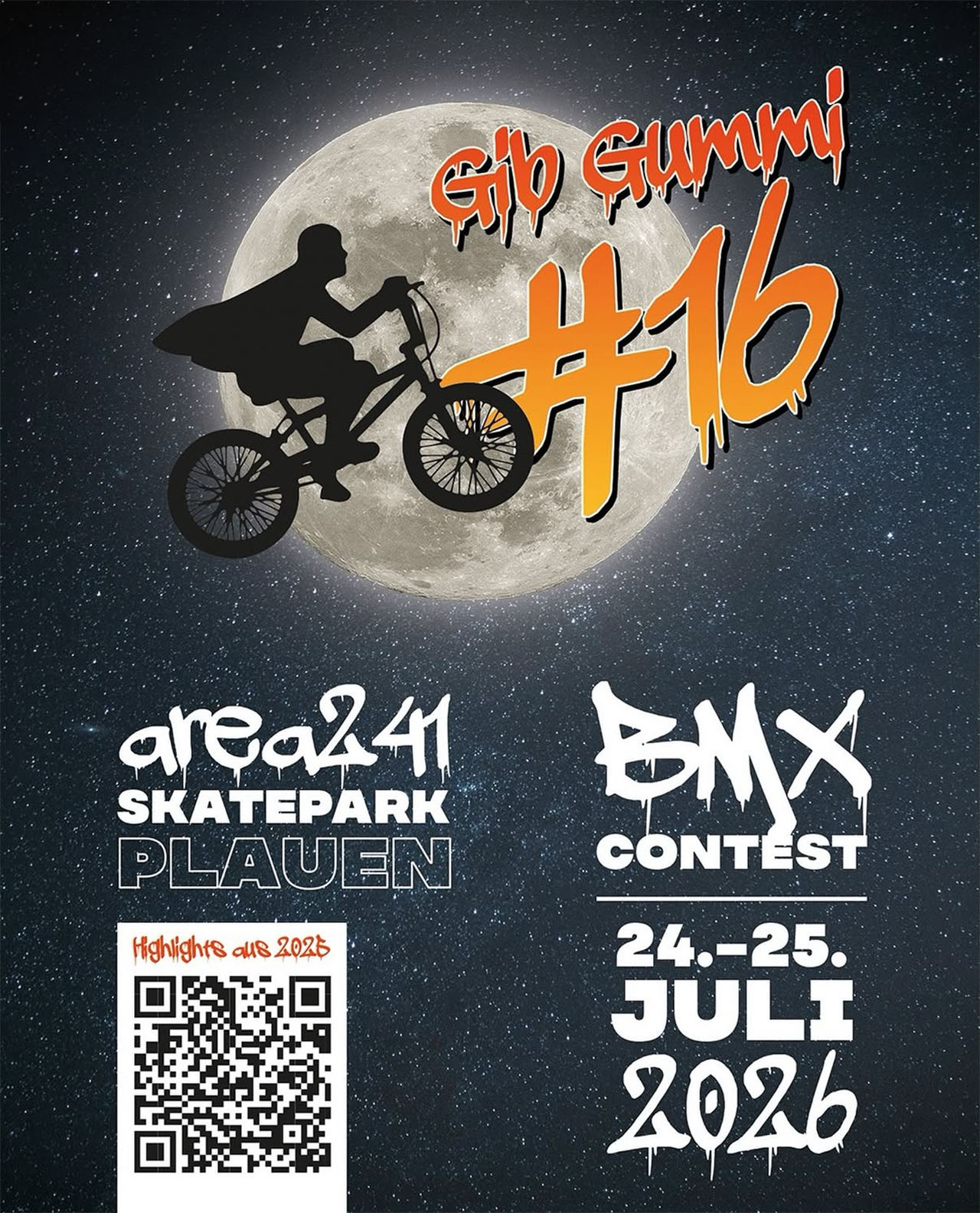 Der legendäre Gib Gummi BMX Jam findet in diesem Jahr vom 24. bis 25. Juli im Skatepark Plauen statt. Hier erfährst du mehr.