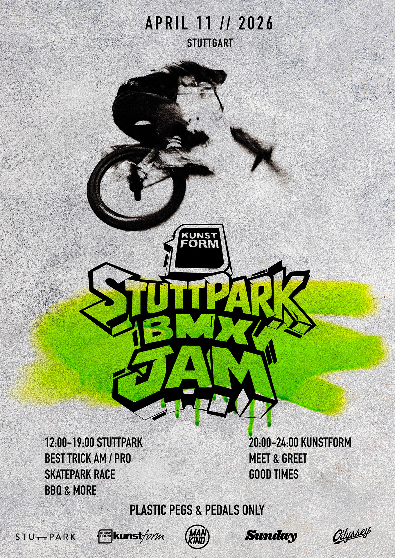 Save the date! Am 11. April 2026 lädt der kunstform BMX Shop zur Stuttpark BMX Jam nach Stuttgart. Hier erfährst du mehr.
