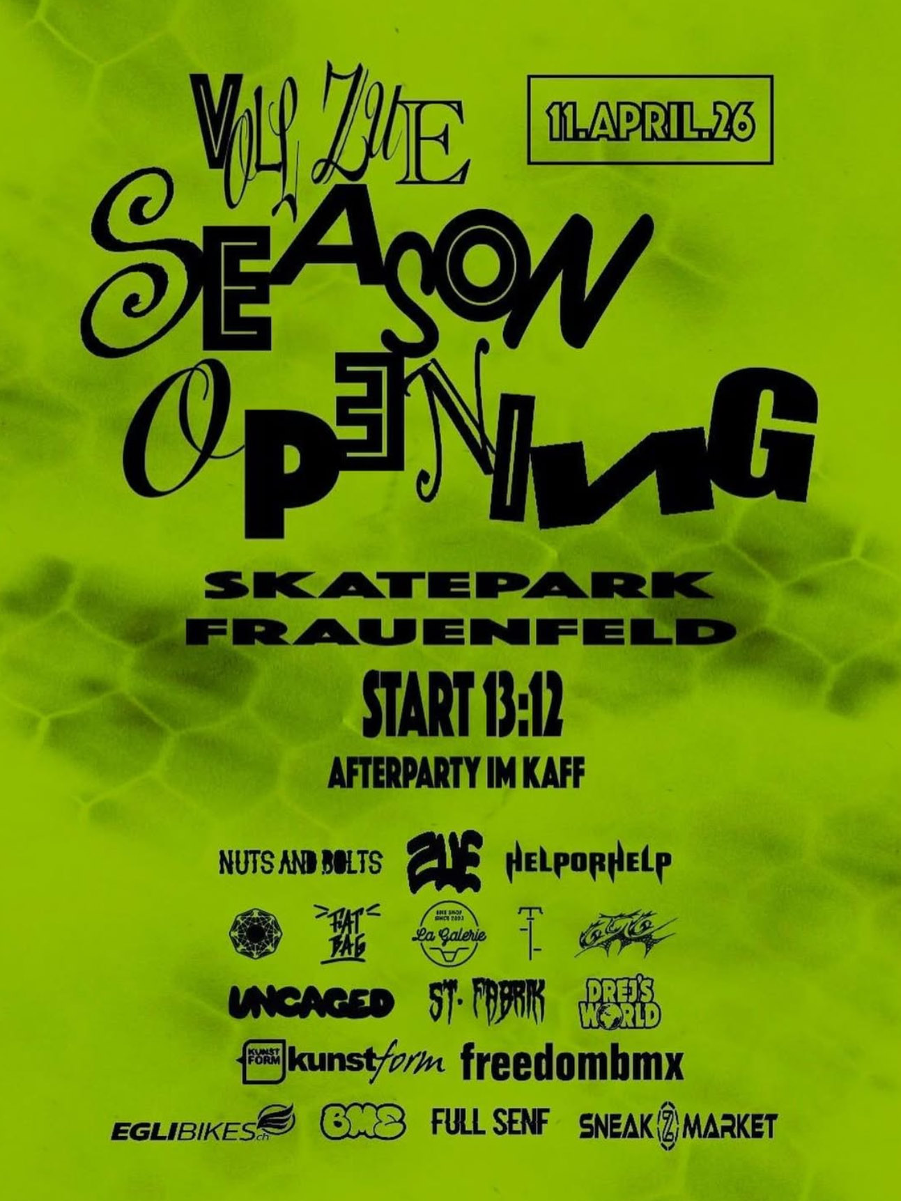 Voll Zue lädt am 11.04. 2026 zur Saisoneröffnung in den Skatepark Frauenfeld, inklusive dicker Afterparty mit Live-Acts.