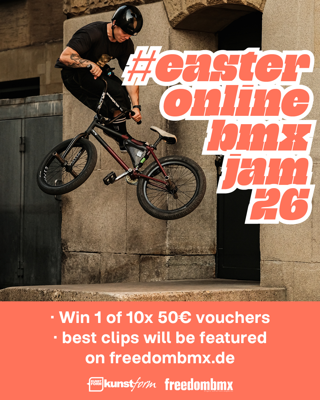 Auch in diesem Jahr veranstalten wir gemeinsam mit unseren Homies vom kunstform BMX Shop den Easter Online BMX Jam. Hier erfährst du mehr!