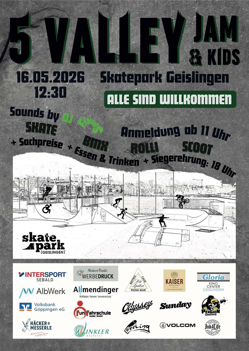 Am 16.05.2026 wird der Skatepark Geislingen wieder zum Treffpunkt für alle, die Lust auf Skateboarding, BMX, Scoot oder Rolli haben.