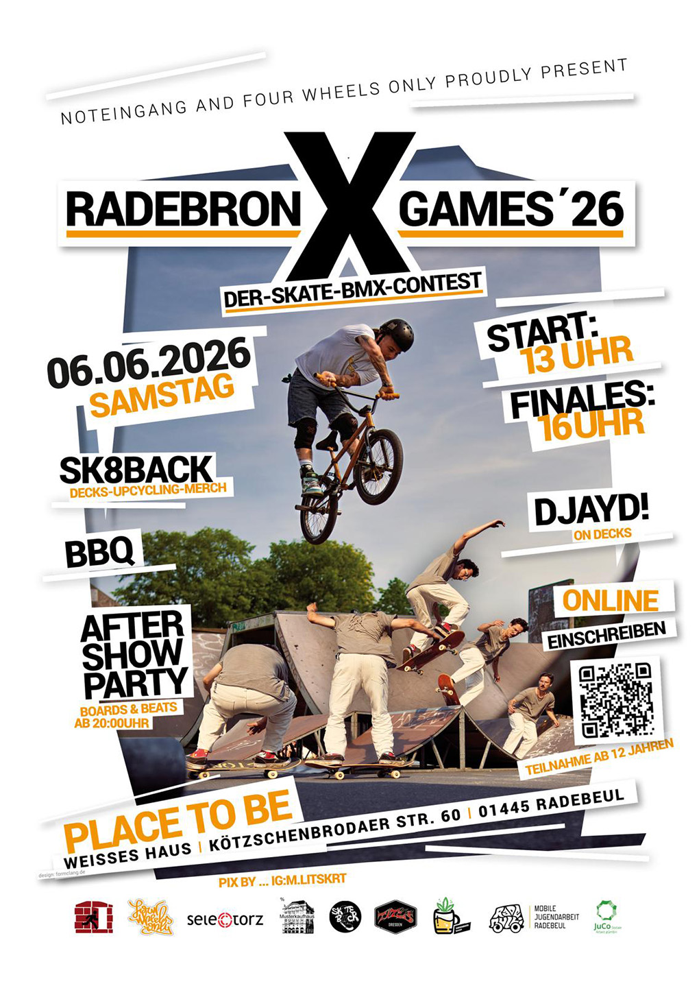 Am 06. Juni 2026 gehen die Radebronx Games in Radebeul in die nächste Runde. Freut euch auf nice Tricks, Leckeres vom Grill und gute Musik.