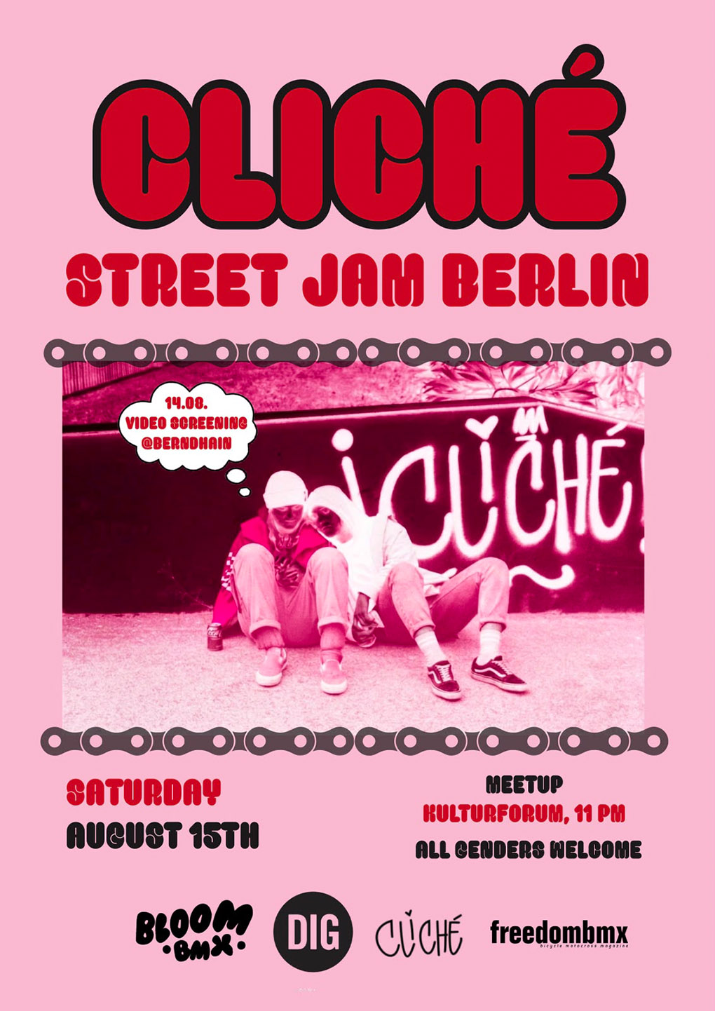Die Cliché Crew lädt am 15. August zu einem Streetjam nach Berlin. Es wird einen mobilen Kicker geben und jede:r ist willkommen!