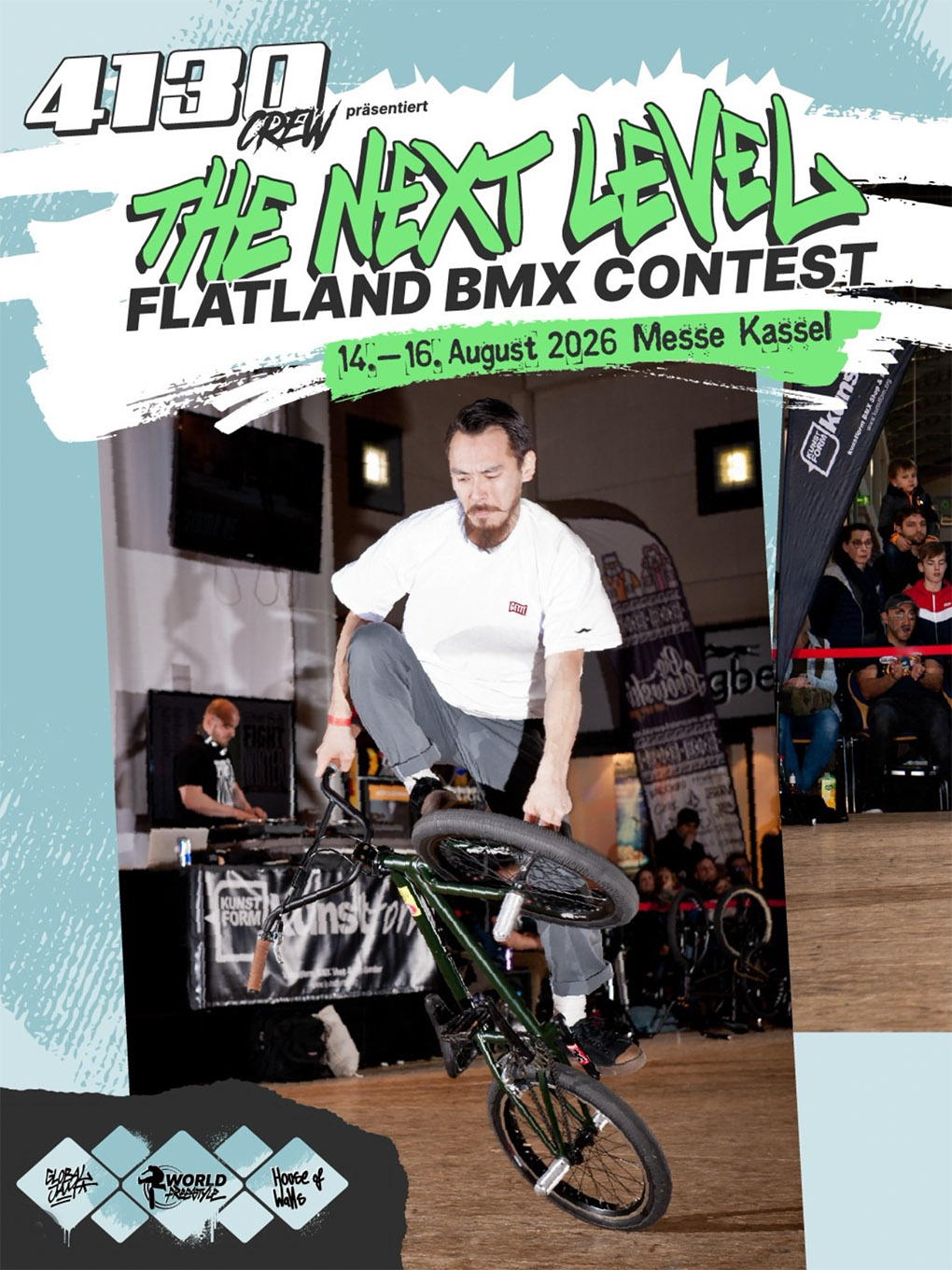 In Kooperation mit World Freestyle & Global Jam 2026 bringt die 4130 Crew BMX-Flatland vom 14.–16. August in die Messehallen Kassel.