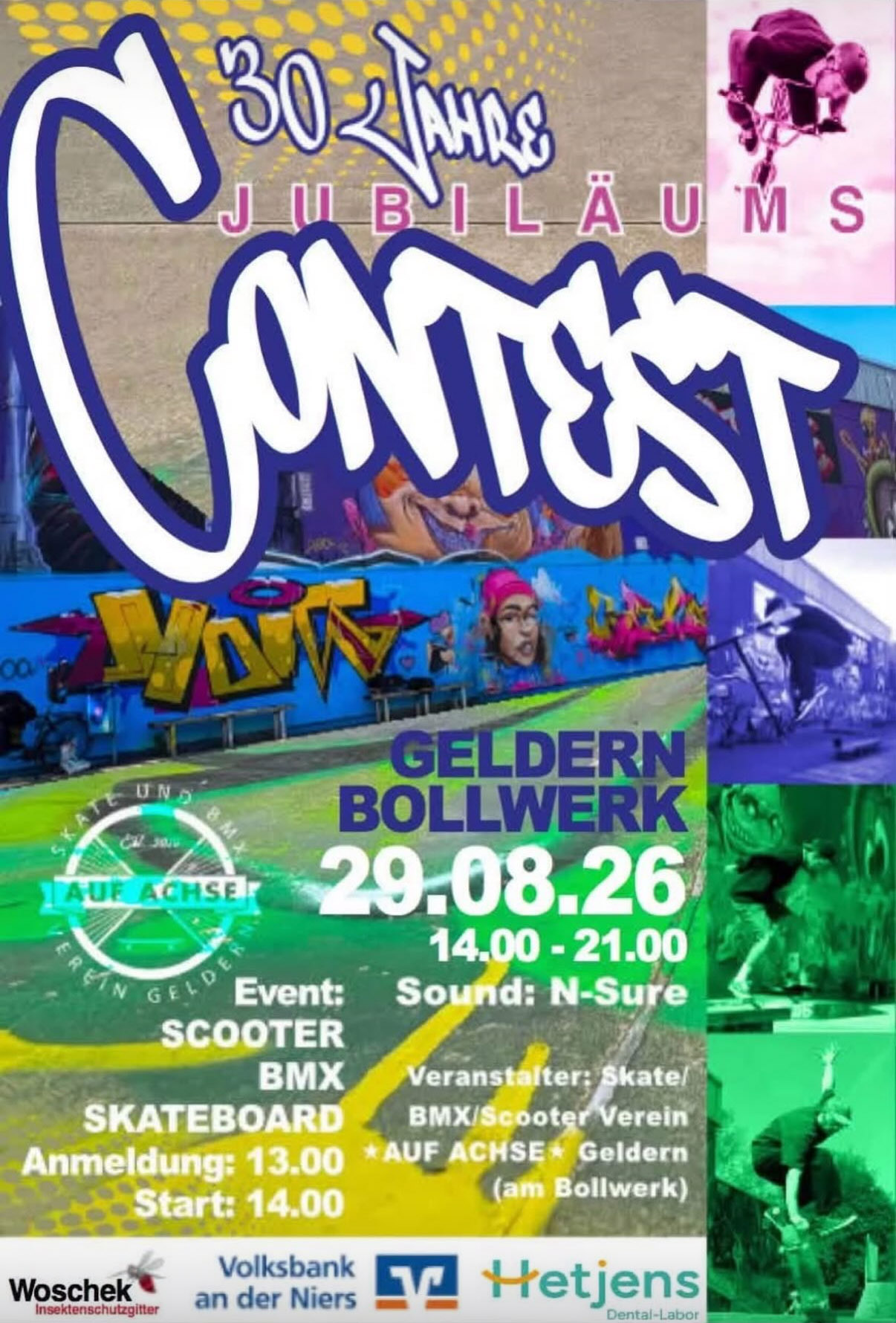 Das große Skate-, BMX- und Scooter-Event des Vereins „Auf Achse“ findet am 29. August 2026 im Skatepark am Bollwerk in Geldern statt.