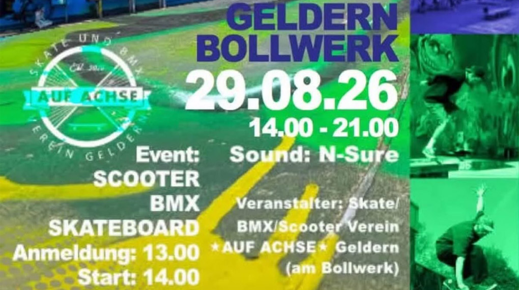 Das große Skate-, BMX- und Scooter-Event des Vereins „Auf Achse“ findet am 29. August 2026 im Skatepark am Bollwerk in Geldern statt.