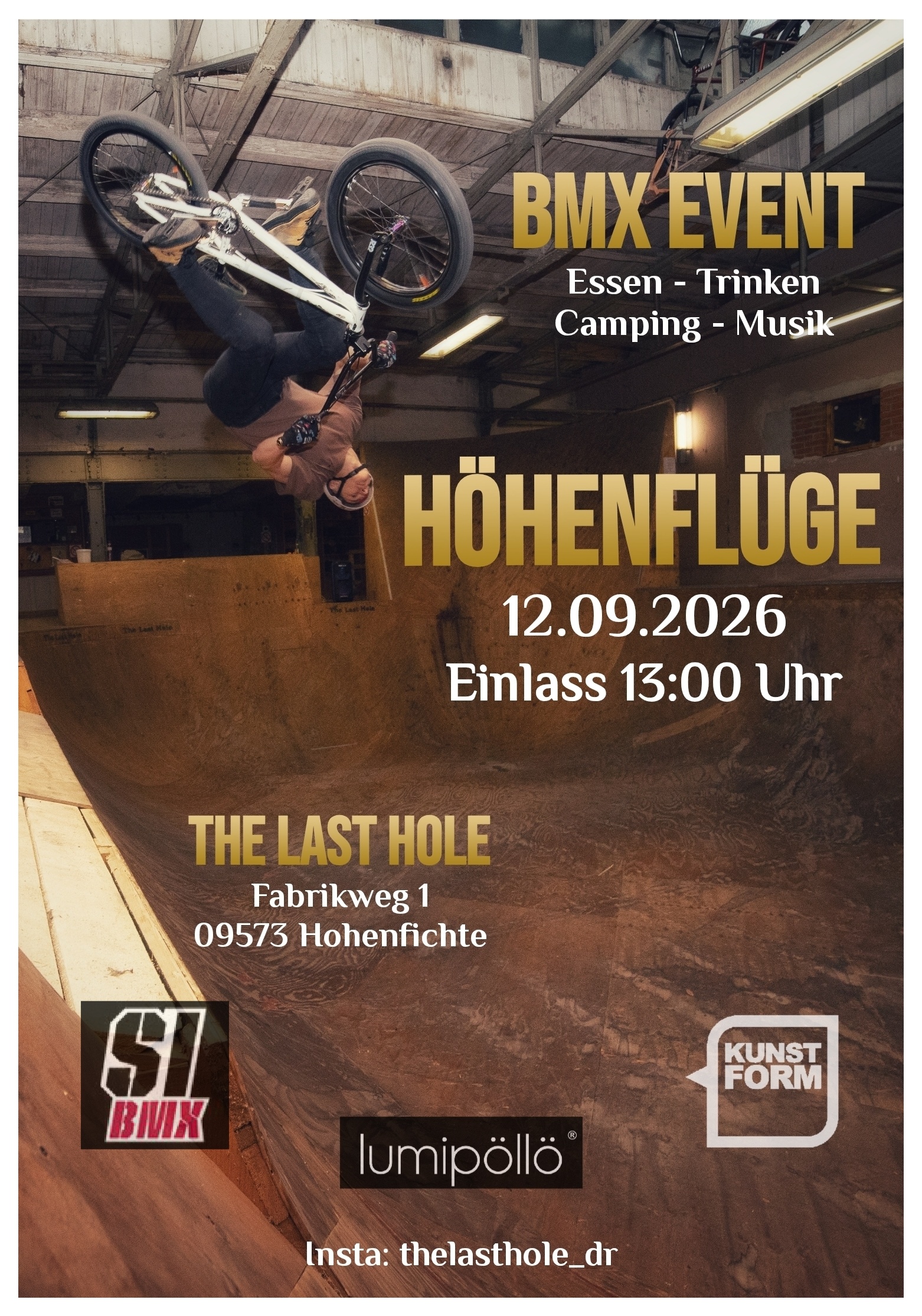 Am 12.09.2026 geht der Höhenflüge-BMX-Contest in die nächste Runde. Austragungsort ist wieder der Last Hole Skatepark in Hohenfichte.