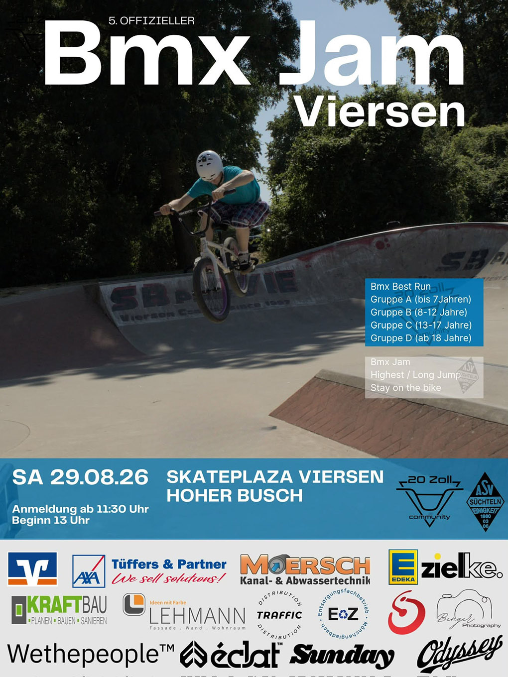 Am 28. August 2026 steigt im Skatepark von Viersen der 5. offizielle BMX-Jam der Stadt. Gestartet wird in Altersklassen ab 7 Jahren.
