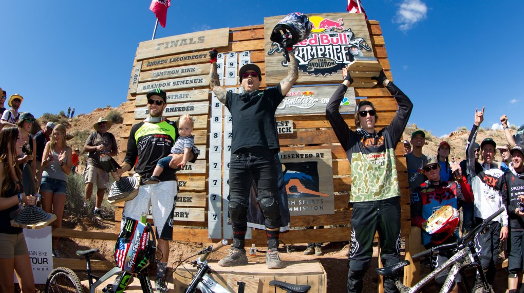 Red Bull Rampage 2014 Podium: 1. Andreu Lacondeguy (Spanien/YT Industries) – 95.25;
2. Cam Zink (USA/YT Industries) – 89.50; 
3. Brandon Semenuk (Kanada/Trek) – 89.25; Foto: Red Bull